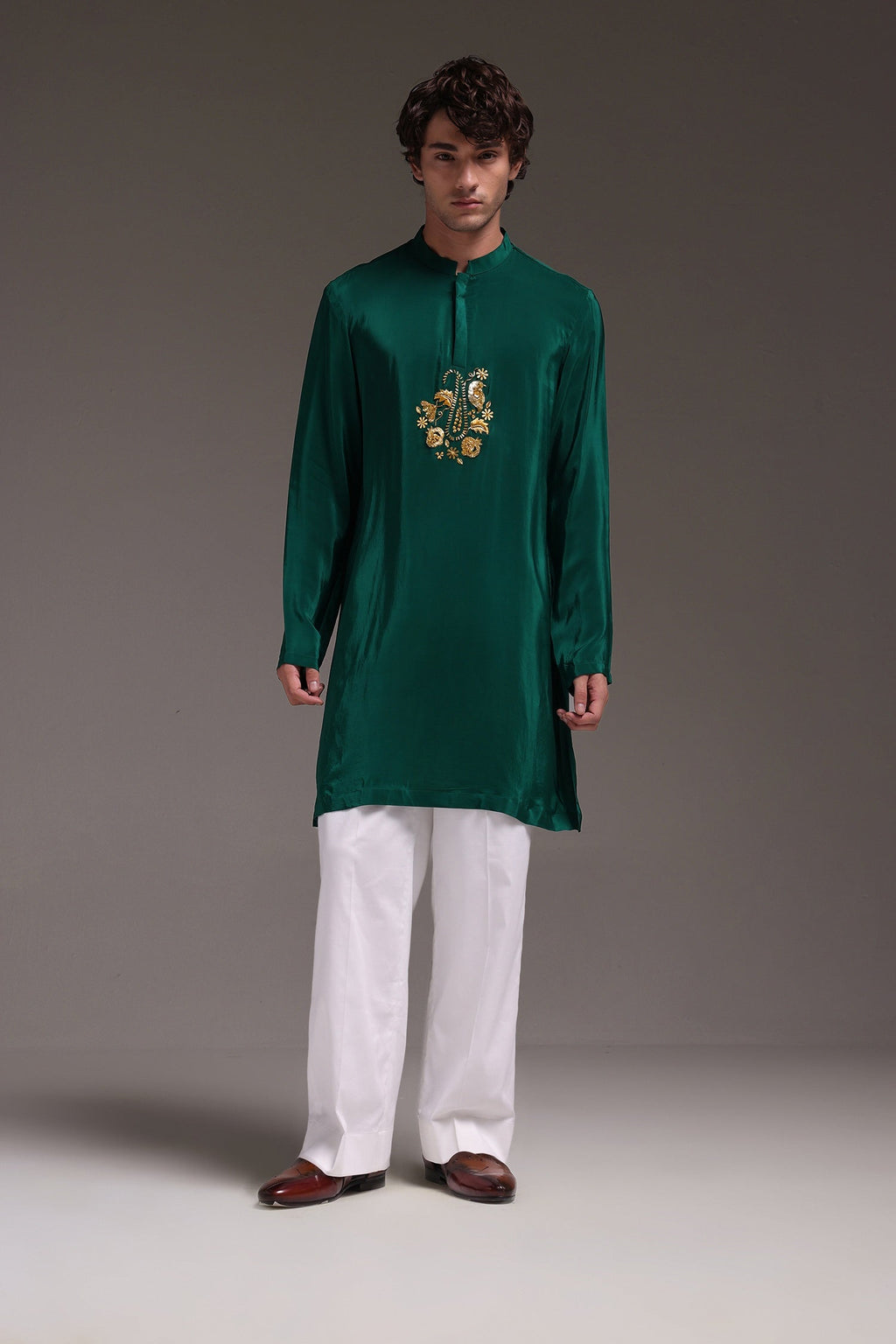 Paisfeather - Hand Embroidered Designer Kurta - Bottle Green