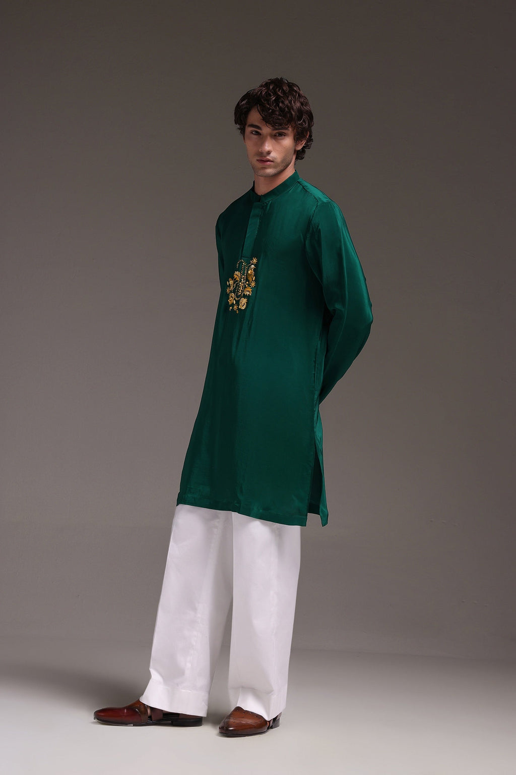 Paisfeather - Hand Embroidered Designer Kurta - Bottle Green