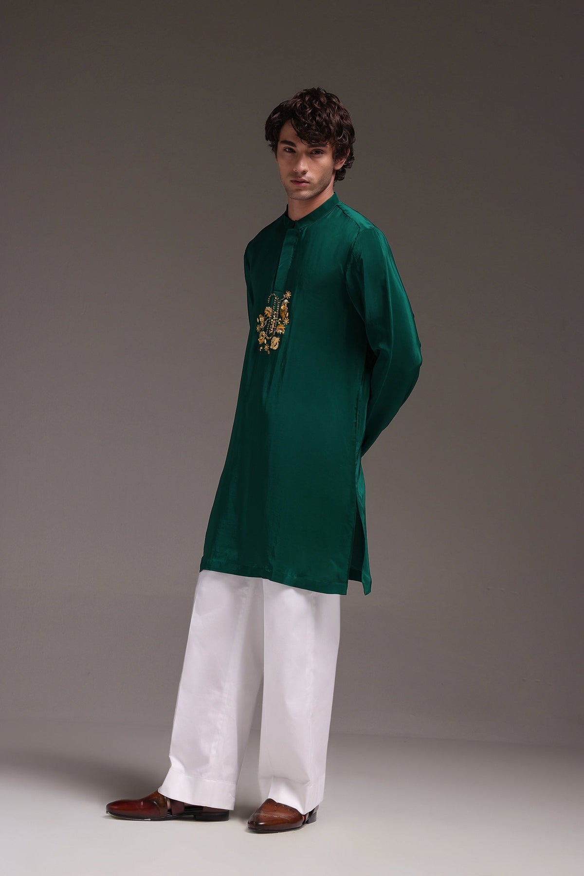 Paisfeather - Hand Embroidered Designer Kurta - Bottle Green