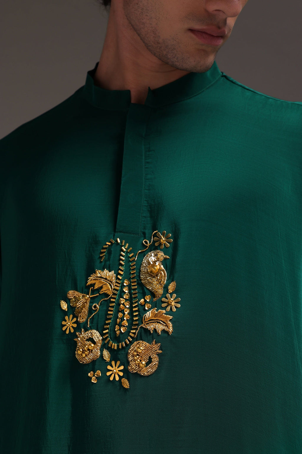 Paisfeather - Hand Embroidered Designer Kurta - Bottle Green