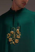 Paisfeather - Hand Embroidered Designer Kurta - Bottle Green