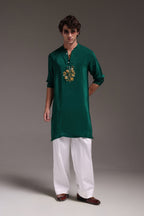 Paisfeather - Hand Embroidered Designer Kurta - Bottle Green