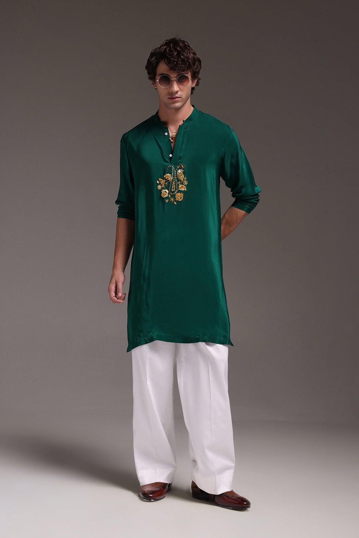 Paisfeather - Hand Embroidered Designer Kurta - Bottle Green