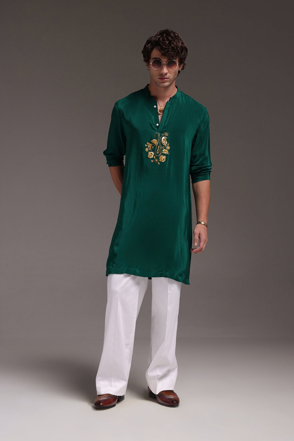 Paisfeather - Hand Embroidered Designer Kurta - Bottle Green