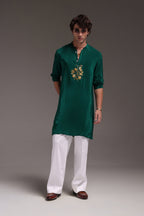 Paisfeather - Hand Embroidered Designer Kurta - Bottle Green
