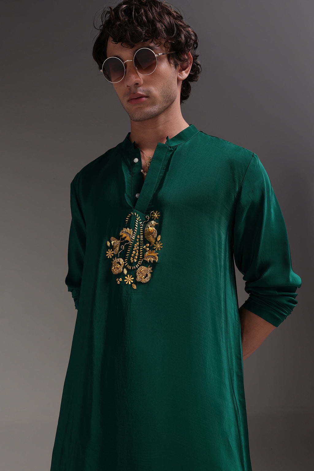 Paisfeather - Hand Embroidered Designer Kurta - Bottle Green