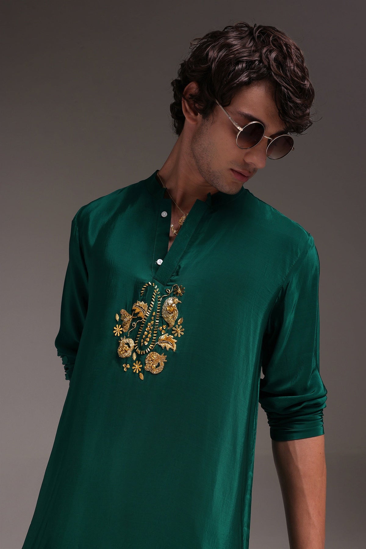 Paisfeather - Hand Embroidered Designer Kurta - Bottle Green