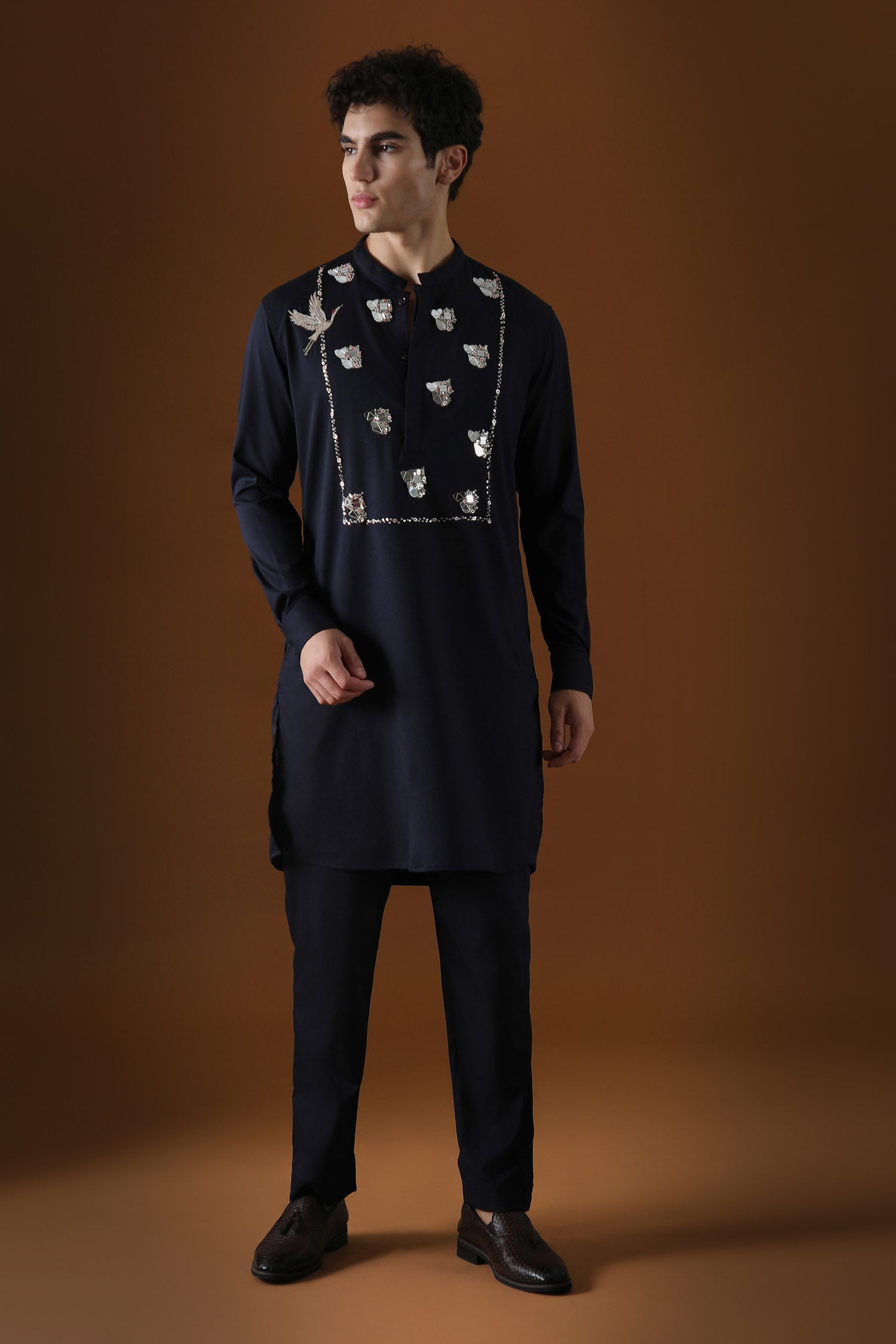 Egret Mirror Yoke Hand Embroidered Designer Kurta - Navy