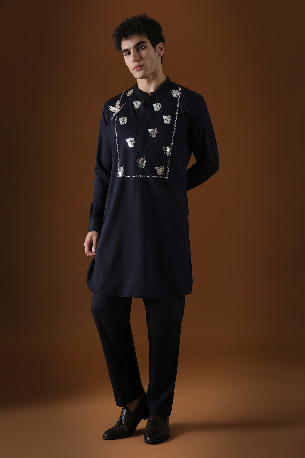 Egret Mirror Yoke Hand Embroidered Designer Kurta - Navy