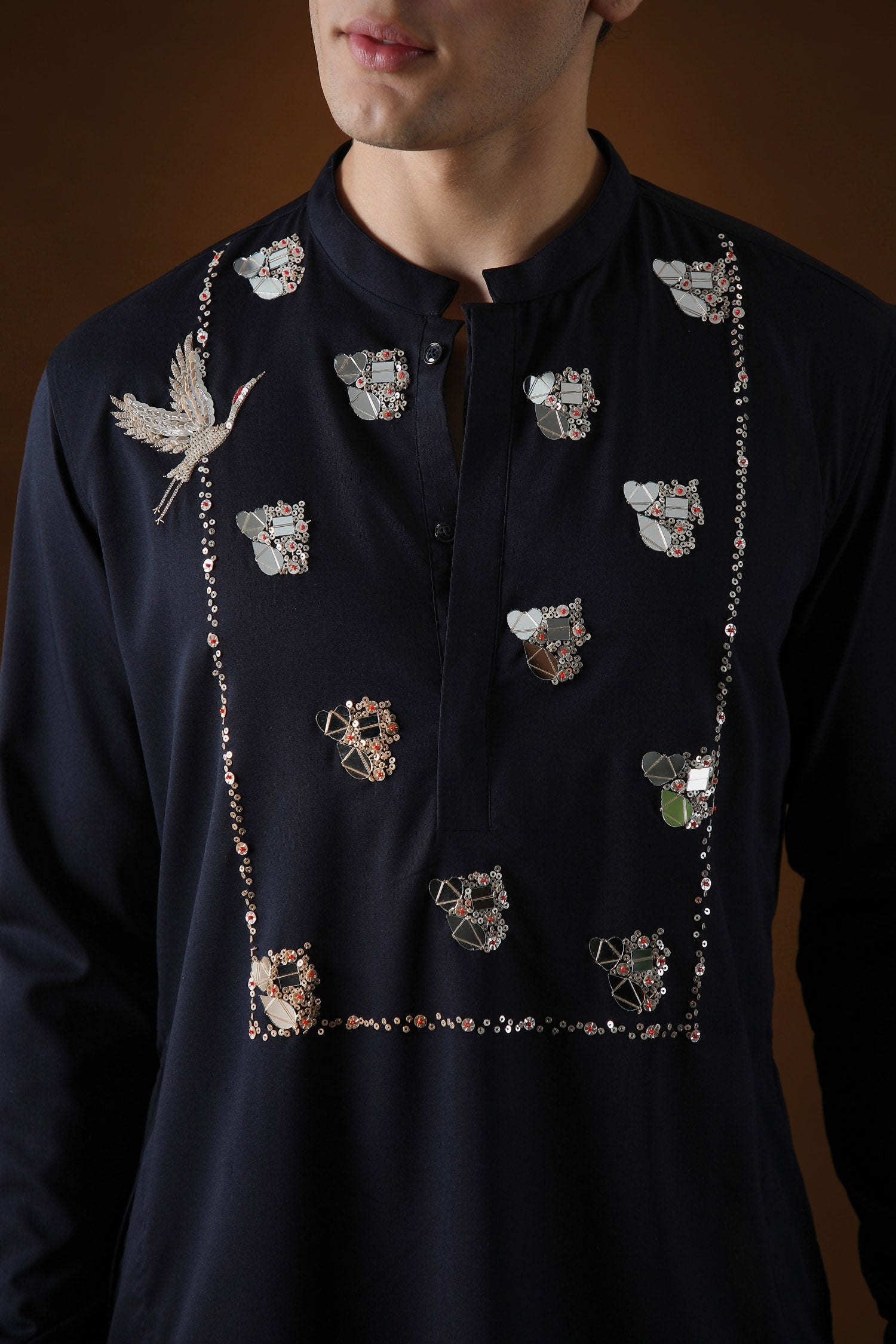 Egret Mirror Yoke Hand Embroidered Designer Kurta - Navy