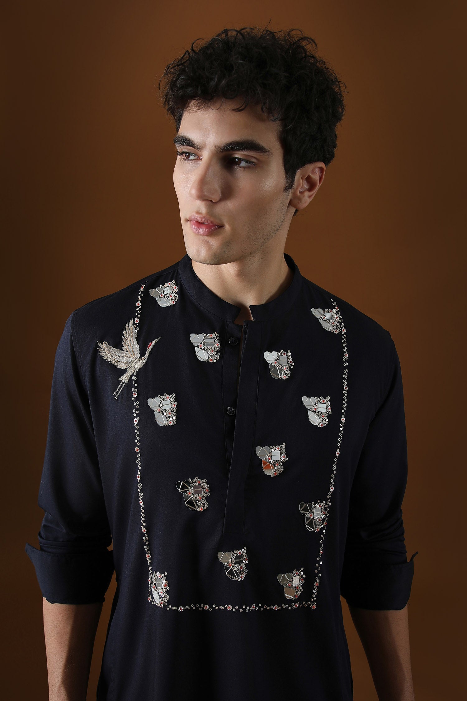 Egret Mirror Yoke Hand Embroidered Designer Kurta - Navy