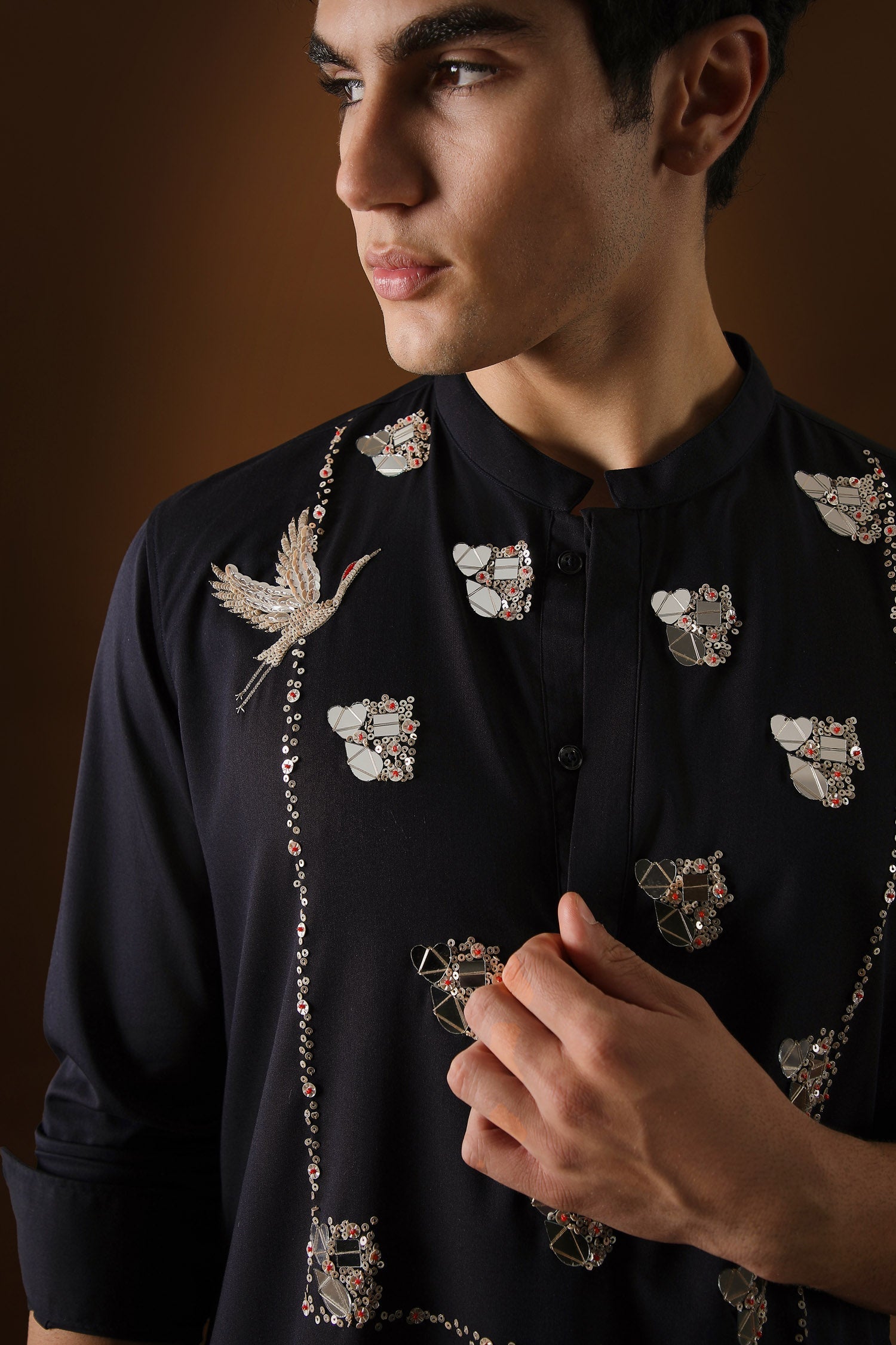 Egret Mirror Yoke Hand Embroidered Designer Kurta - Navy