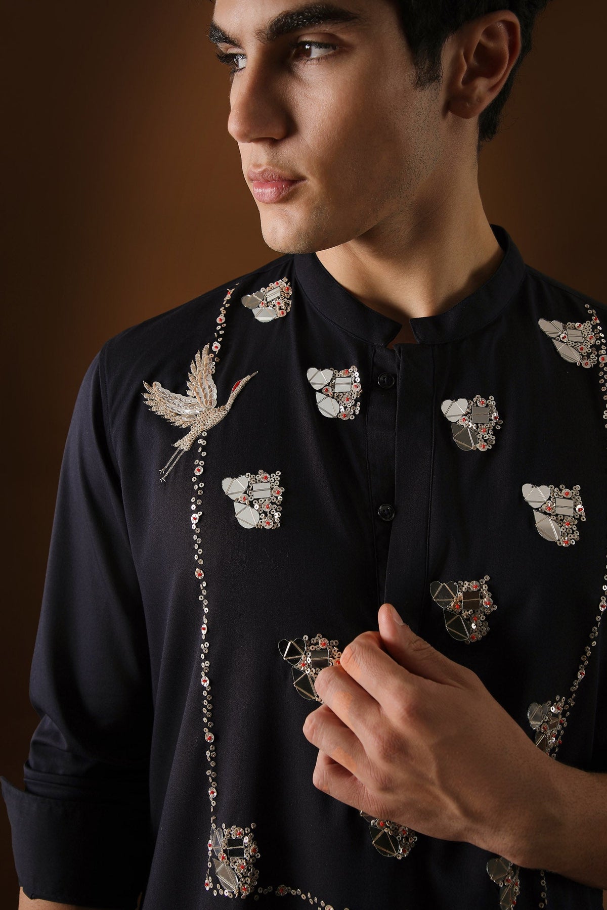 Egret Mirror Yoke Hand Embroidered Designer Kurta - Navy