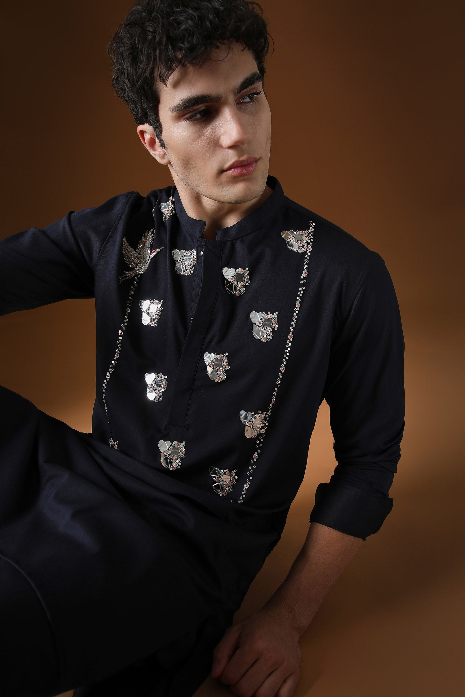 Egret Mirror Yoke Hand Embroidered Designer Kurta - Navy