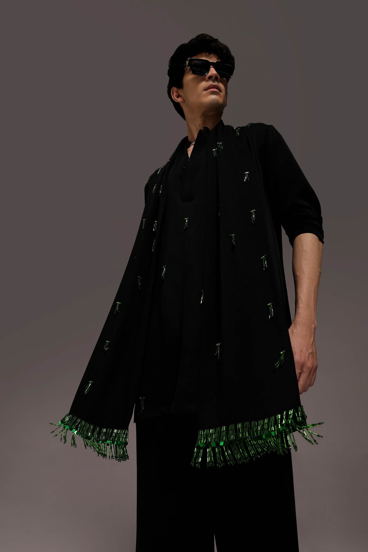 Emerald Fringe - Hand Embroidered Designer Kurta - Black