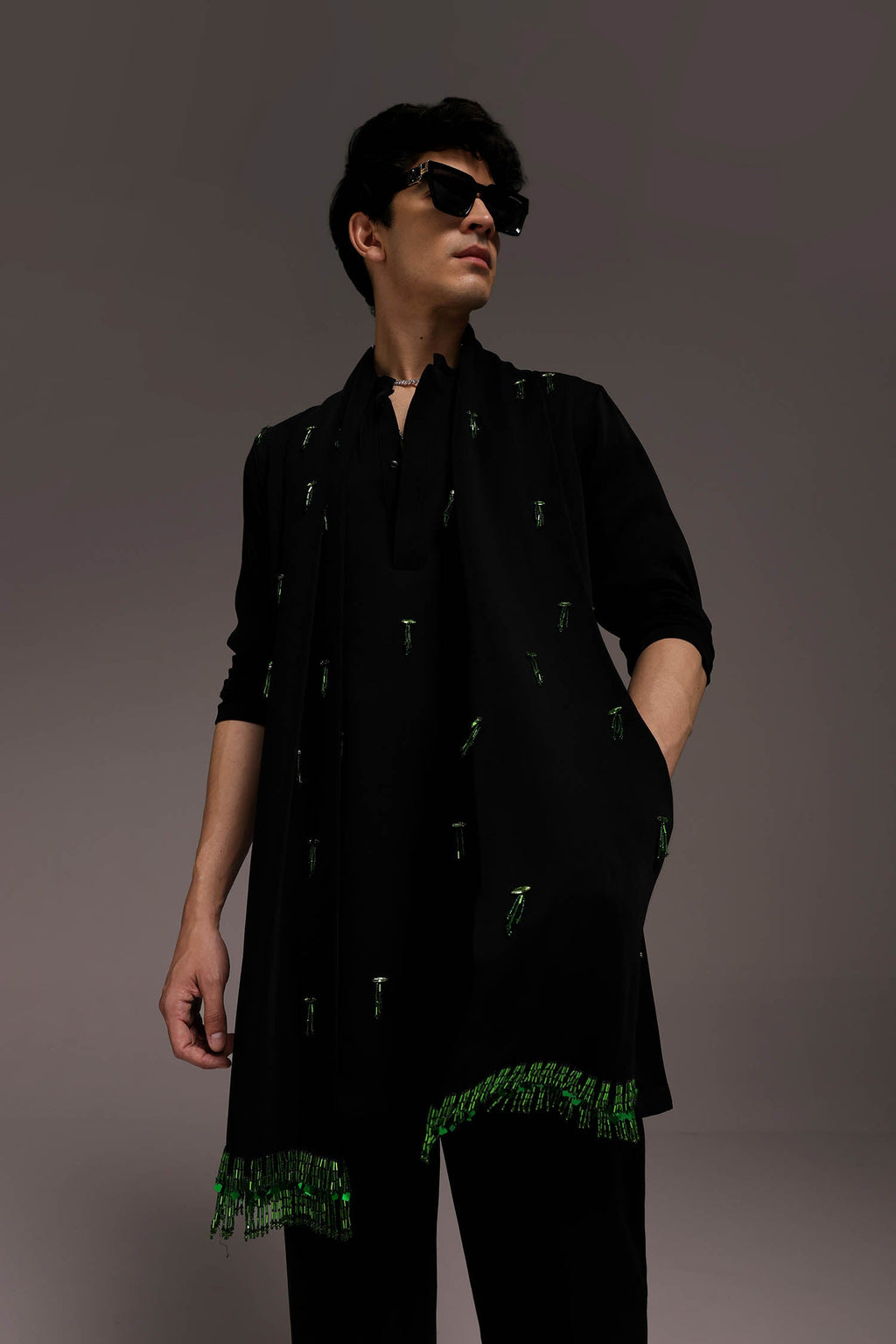 Emerald Fringe - Hand Embroidered Designer Kurta - Black