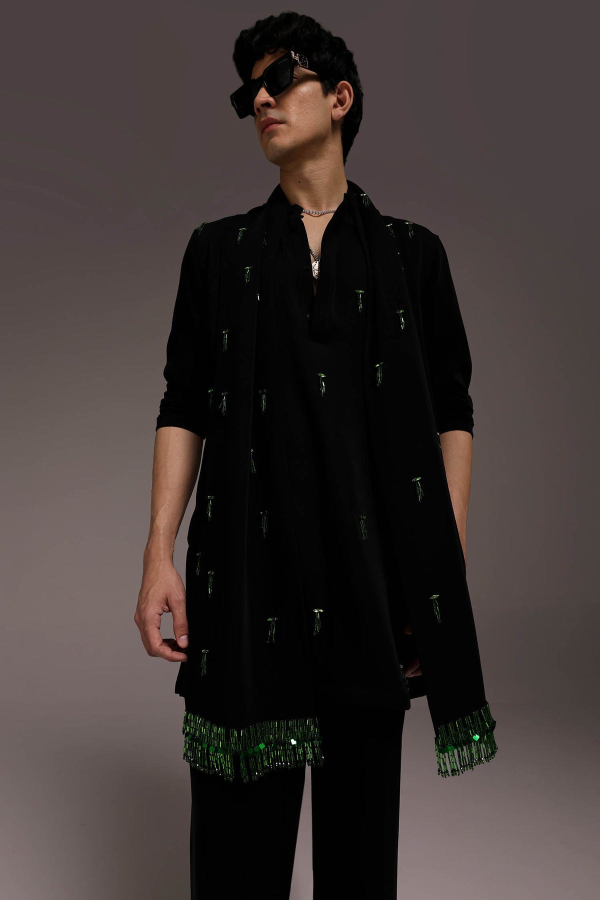 Emerald Fringe - Hand Embroidered Designer Kurta - Black