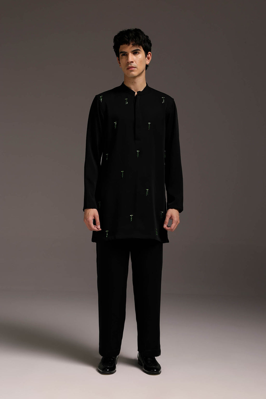 Emerald Fringe - Hand Embroidered Designer Kurta - Black
