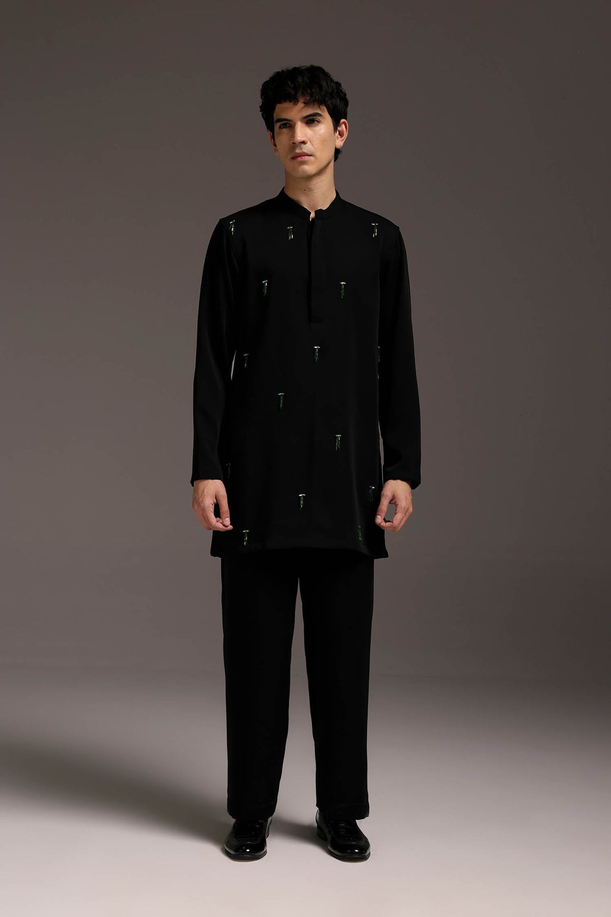 Emerald Fringe - Hand Embroidered Designer Kurta - Black