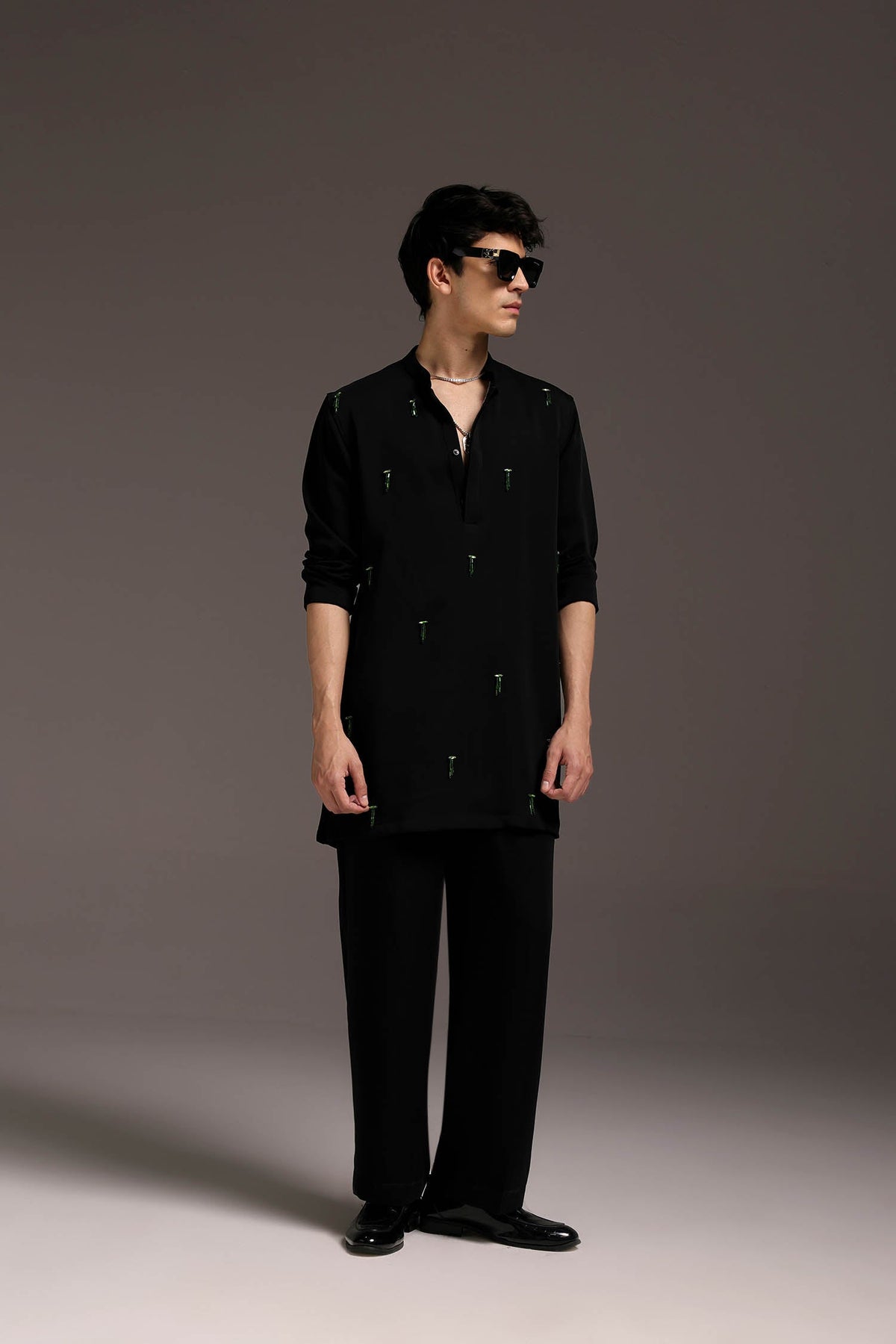 Emerald Fringe - Hand Embroidered Designer Kurta - Black