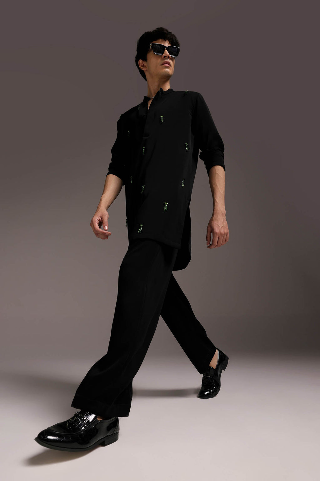 Emerald Fringe - Hand Embroidered Designer Kurta - Black