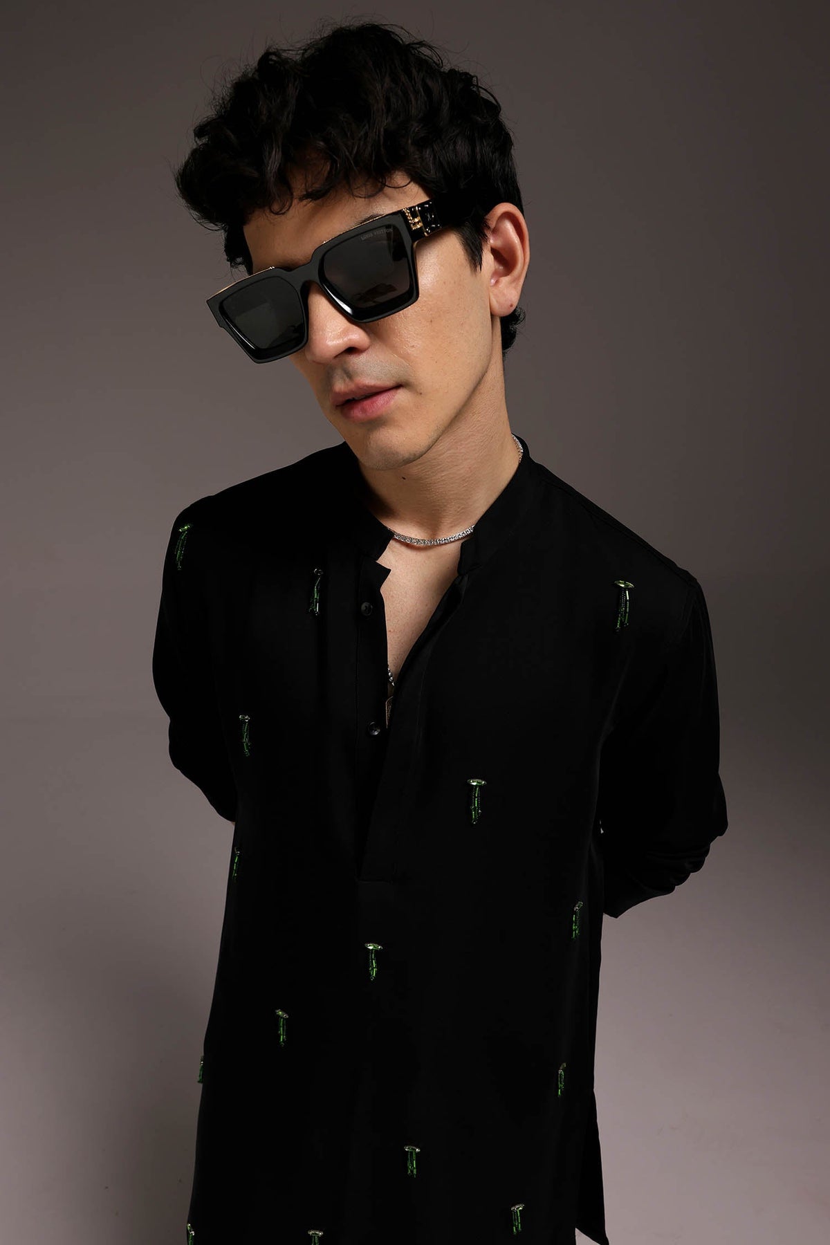 Emerald Fringe - Hand Embroidered Designer Kurta - Black