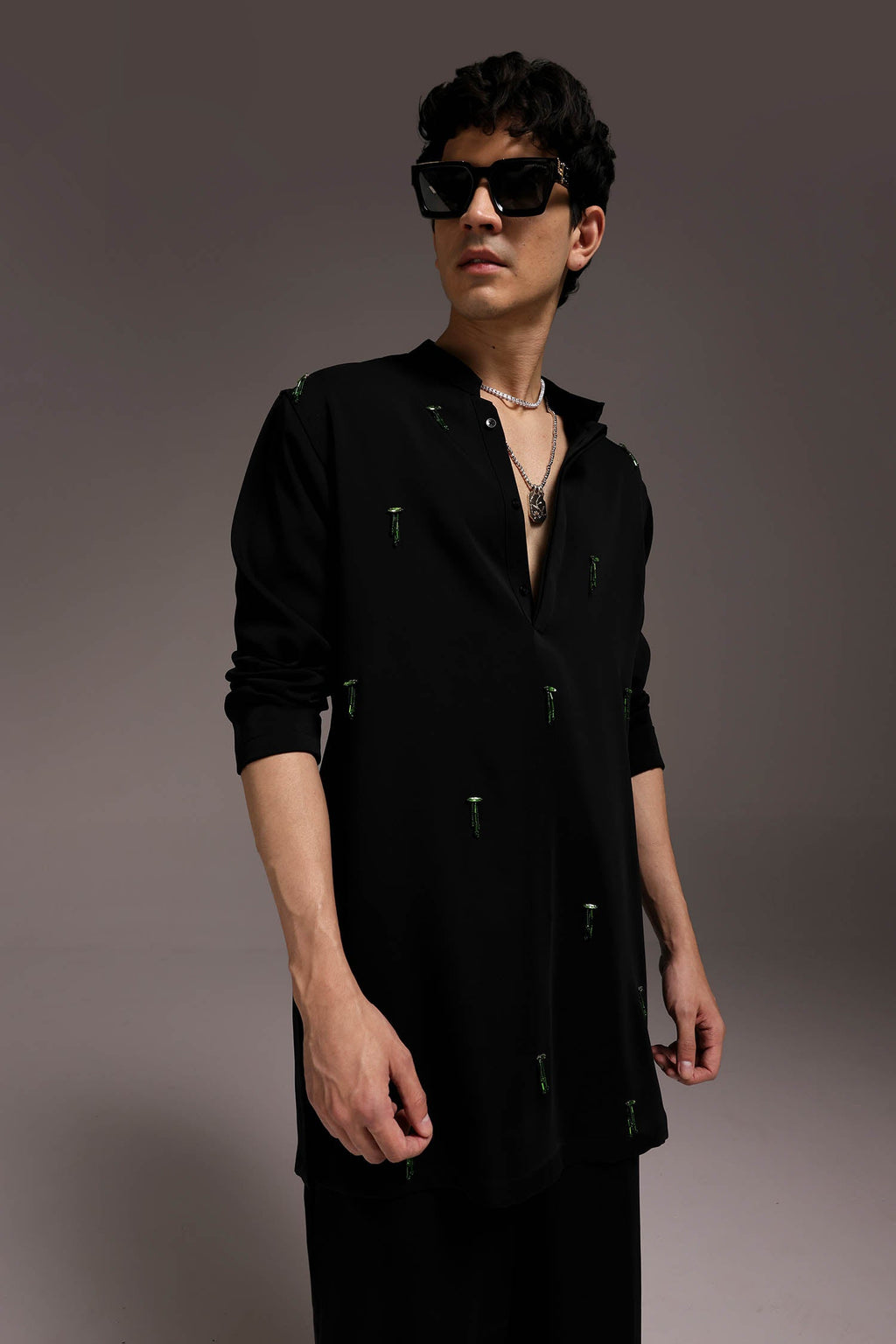 Emerald Fringe - Hand Embroidered Designer Kurta - Black