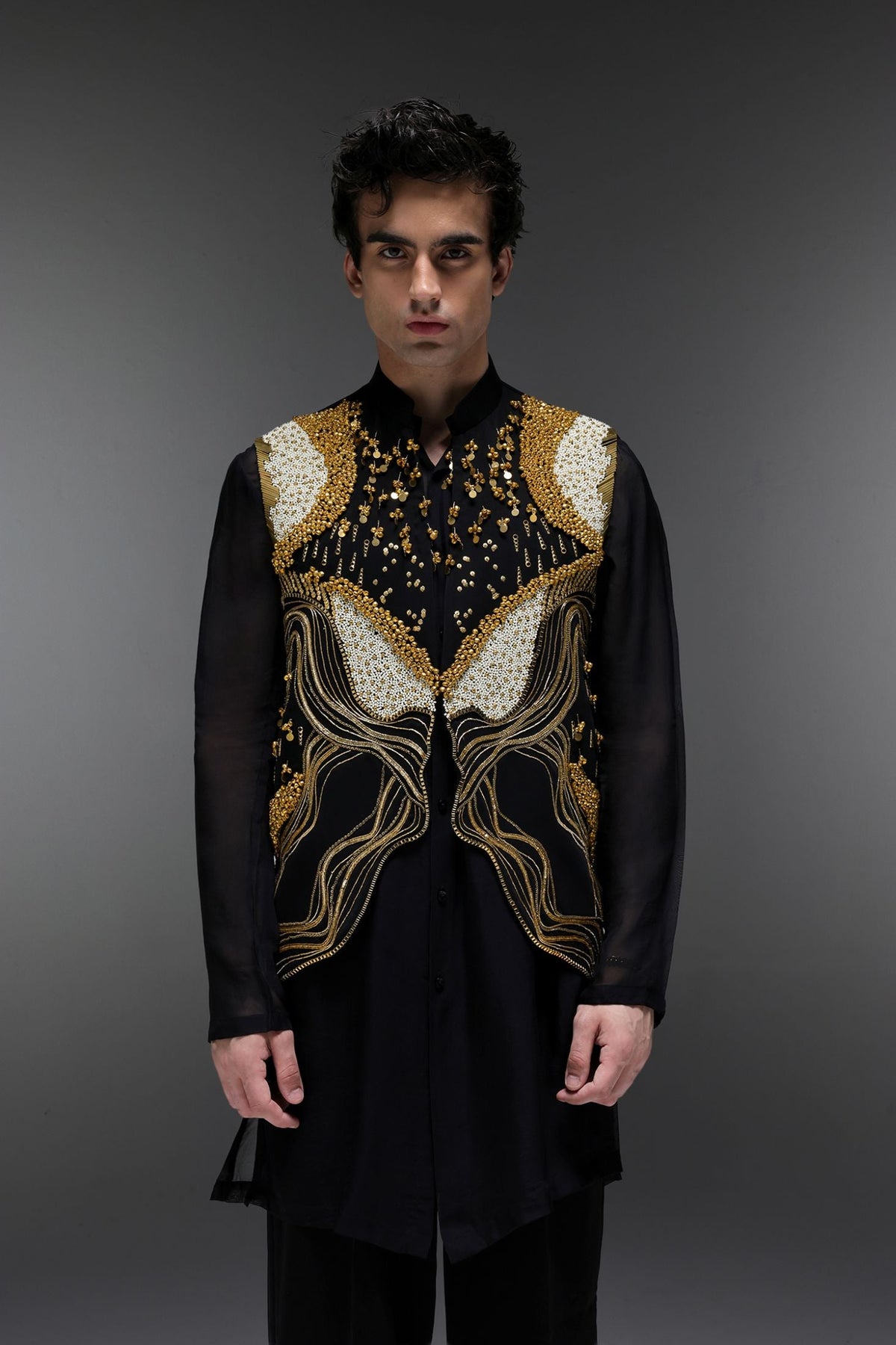 Golden Pearl (Gungru) - Hand Embroidered Designer  Bundi With Organza Kurta - Black