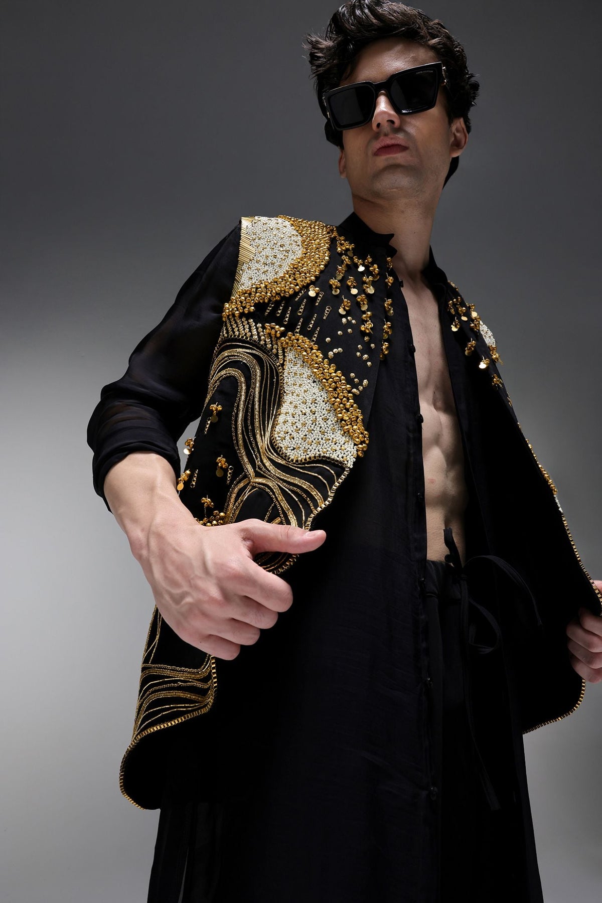 Golden Pearl (Gungru) - Hand Embroidered Designer  Bundi With Organza Kurta - Black