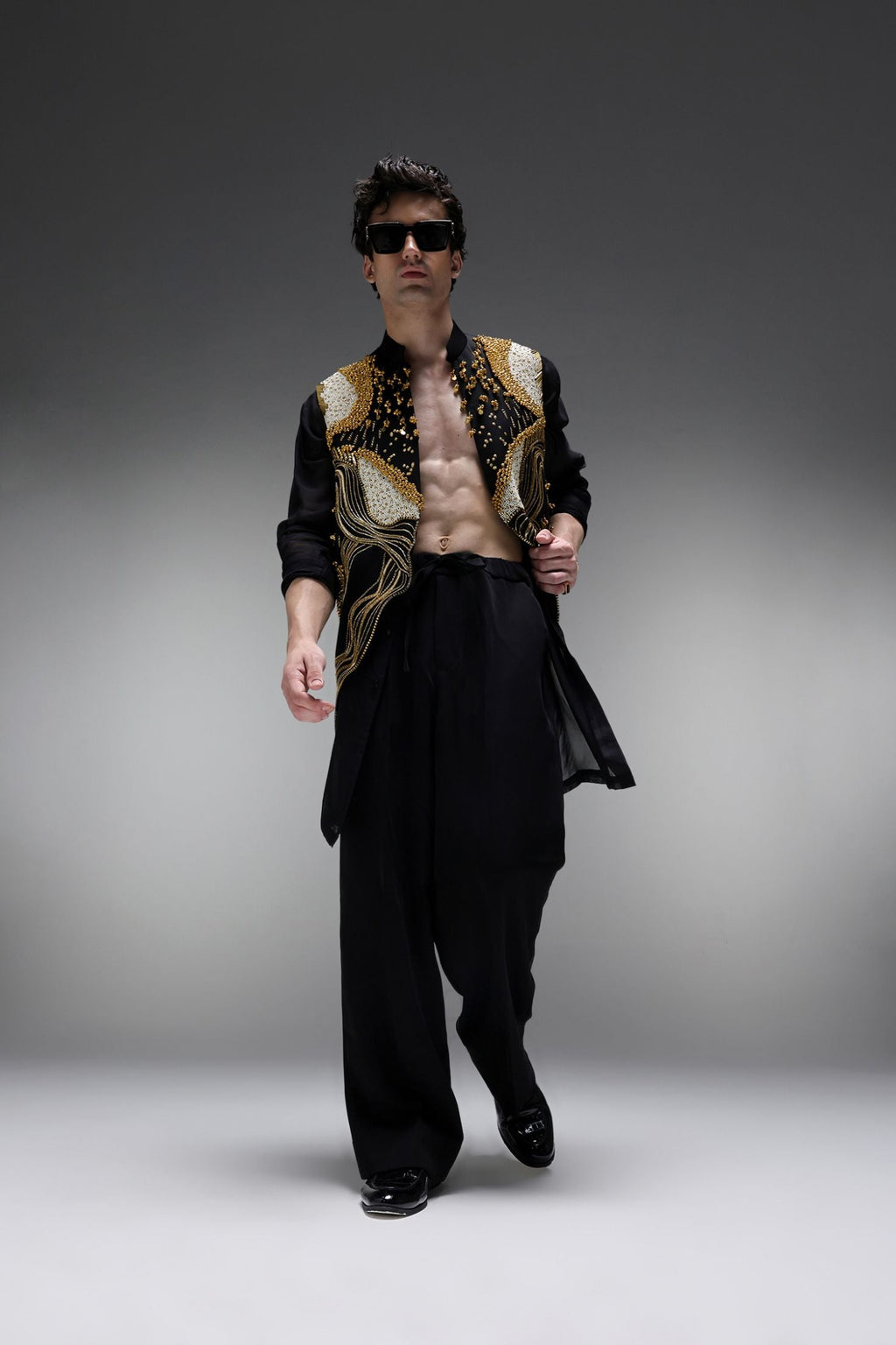 Golden Pearl (Gungru) - Hand Embroidered Designer  Bundi With Organza Kurta - Black