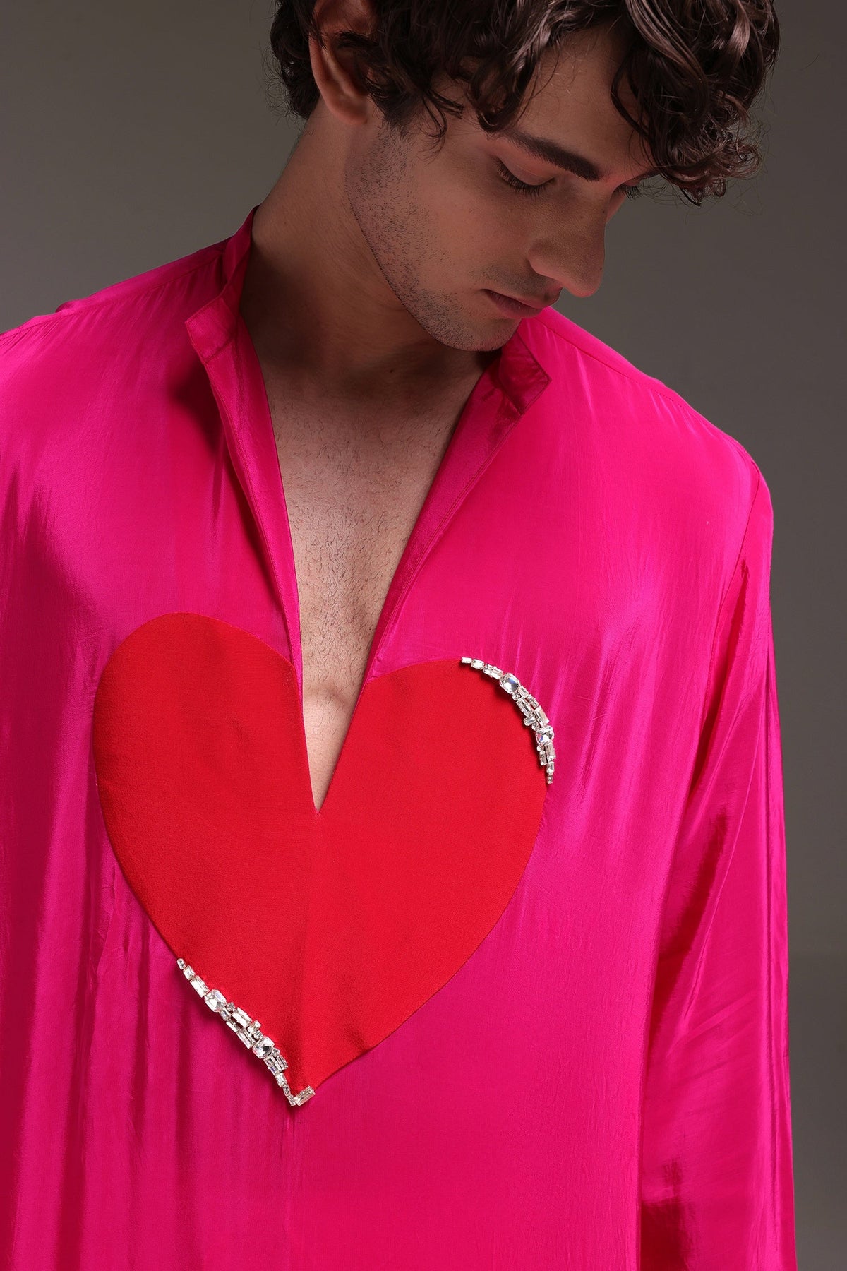 HeartThrob (Rhinestone) - Hand Embroidered Designer Kurta - Hot Pink