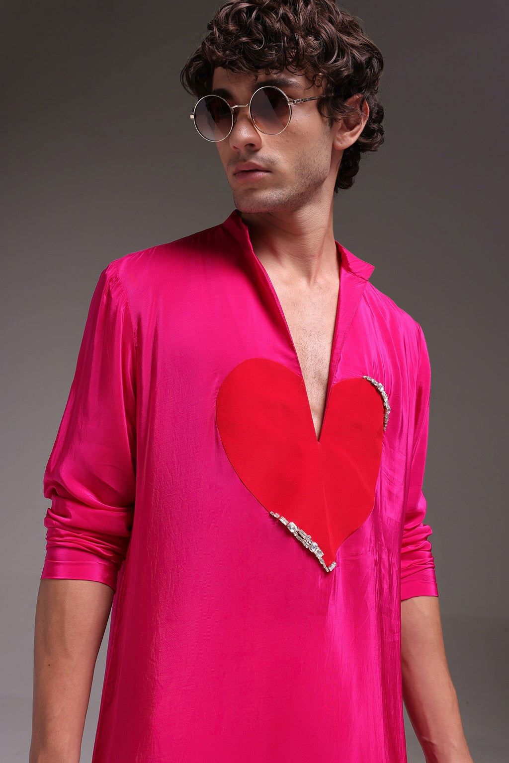 HeartThrob (Rhinestone) - Hand Embroidered Designer Kurta - Hot Pink