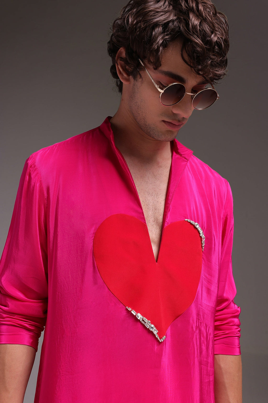 HeartThrob (Rhinestone) - Hand Embroidered Designer Kurta - Hot Pink