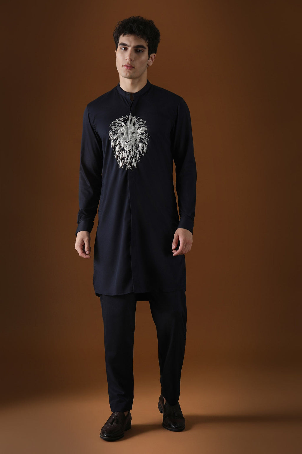 Lion Hand Embroidered Designer Kurta - Navy