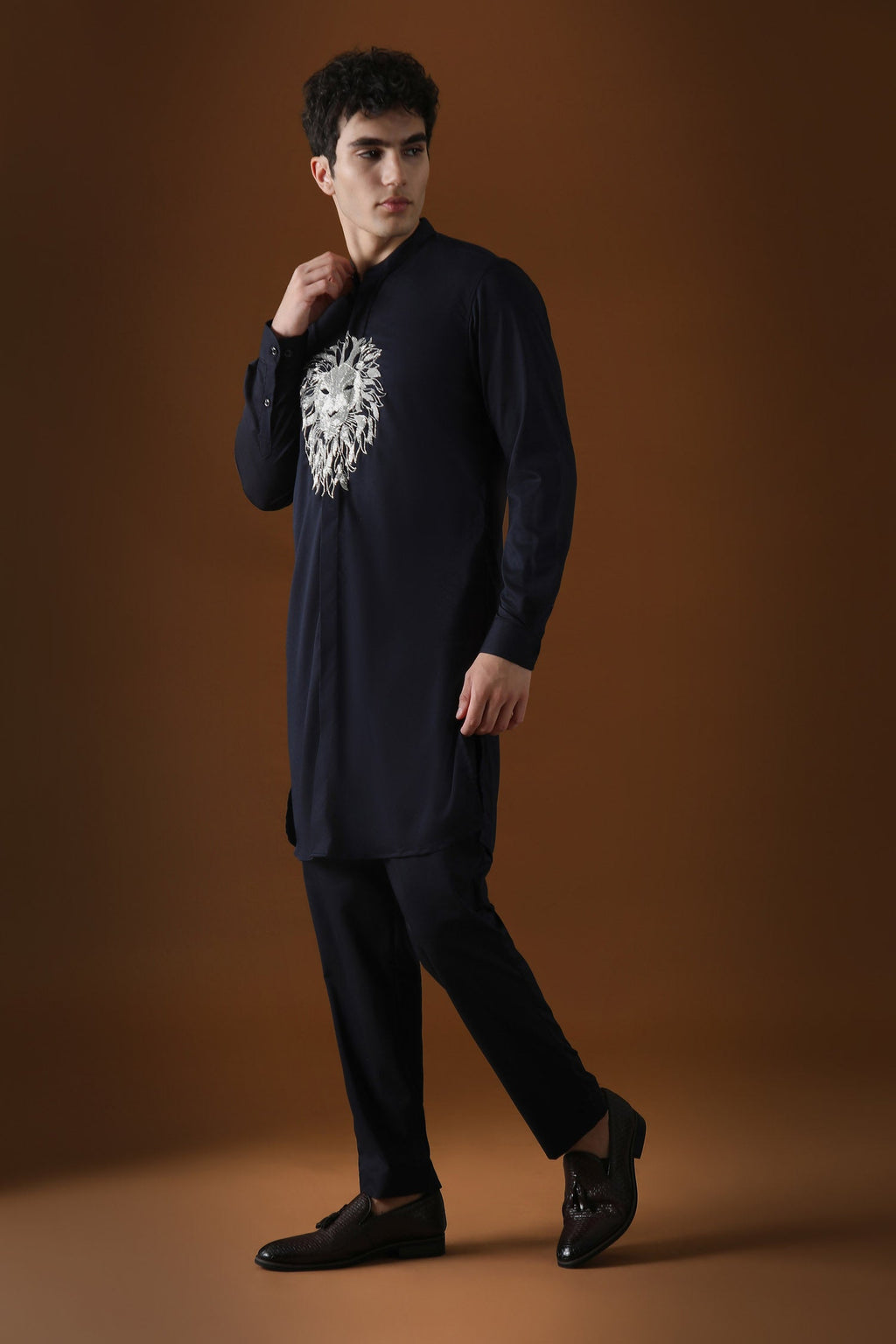 Lion Hand Embroidered Designer Kurta - Navy