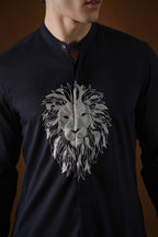 Lion Hand Embroidered Designer Kurta - Navy