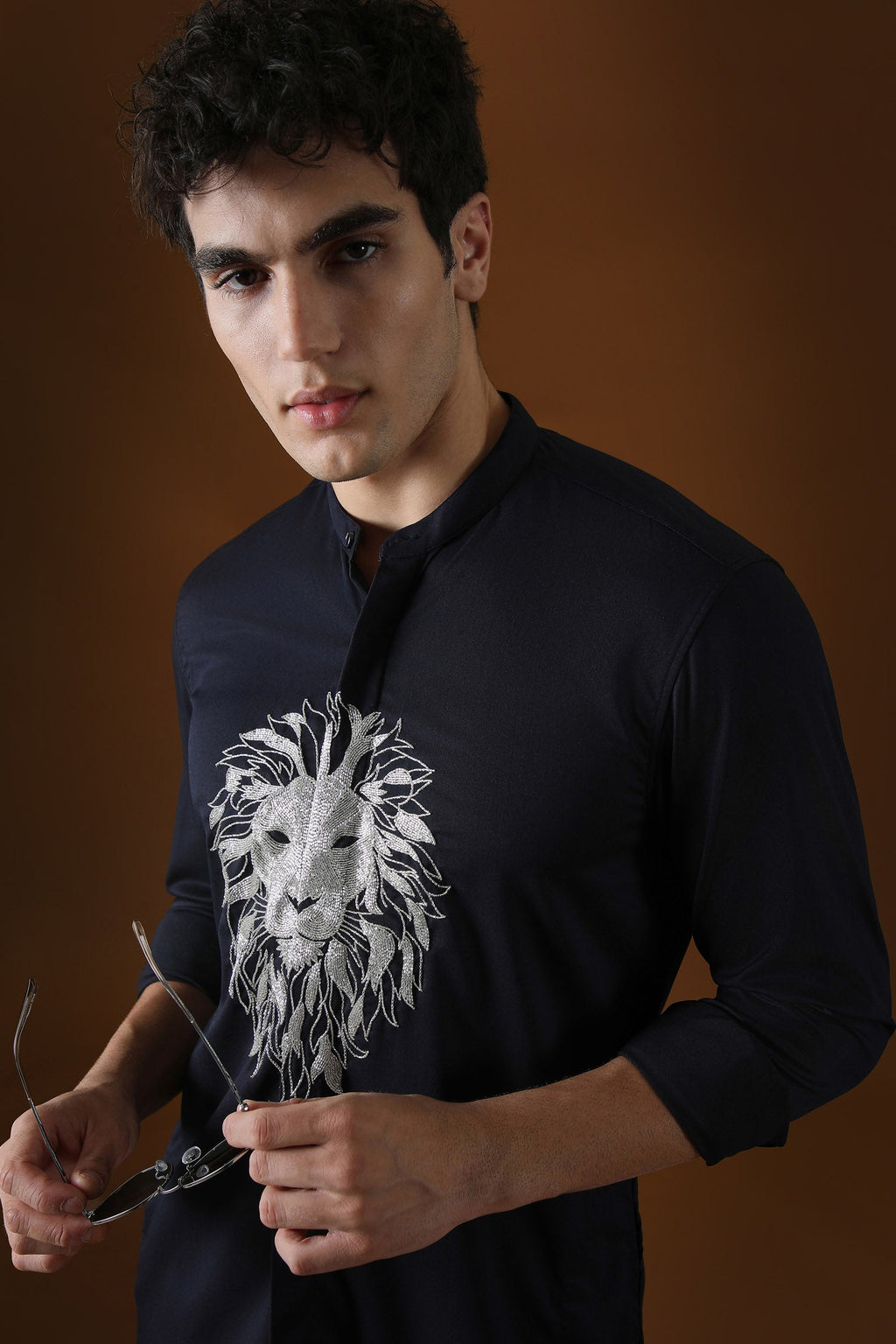 Lion Hand Embroidered Designer Kurta - Navy