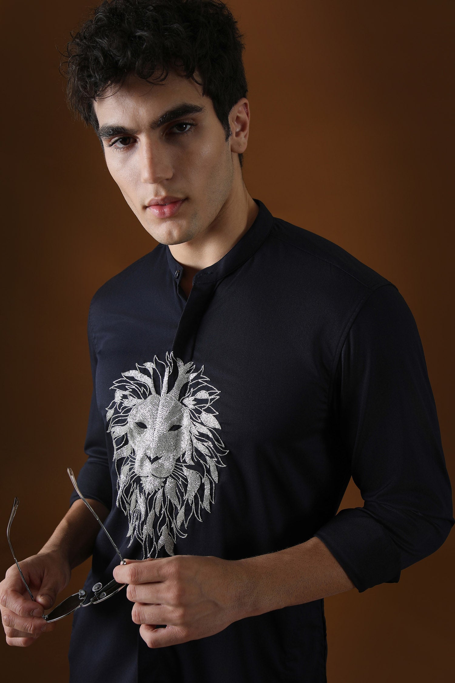Lion Hand Embroidered Designer Kurta - Navy