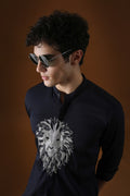 Lion Hand Embroidered Designer Kurta - Navy