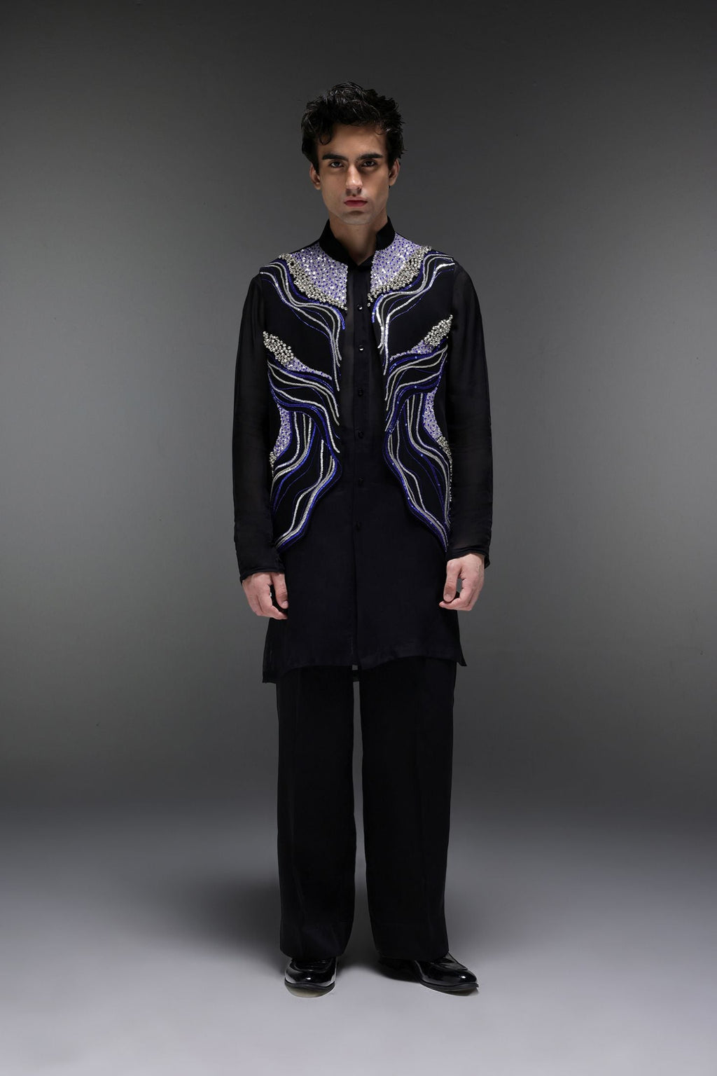 Azure(Ghungru) - Hand Embroidered Designer Bundi With Organza Kurta - Black