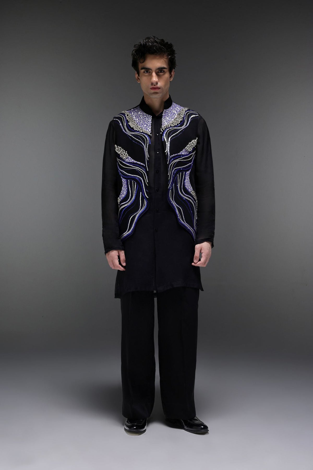 Azure(Ghungru) - Hand Embroidered Designer Bundi With Organza Kurta - Black