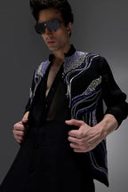 Azure(Ghungru) - Hand Embroidered Designer Bundi With Lachka Kurta - Black