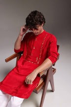 Preen(Parrot) - Hand Embroidered Designer Kurta - Red