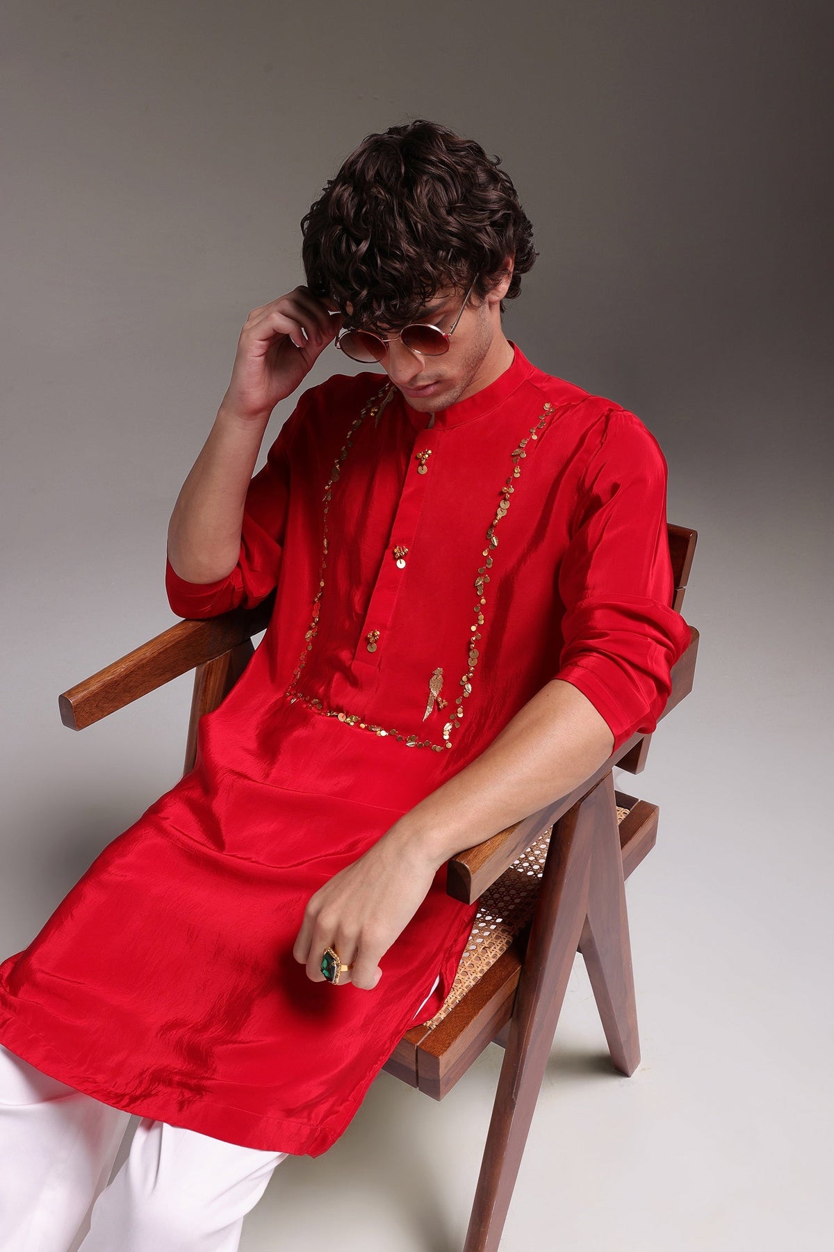 Preen(Parrot) - Hand Embroidered Designer Kurta - Red