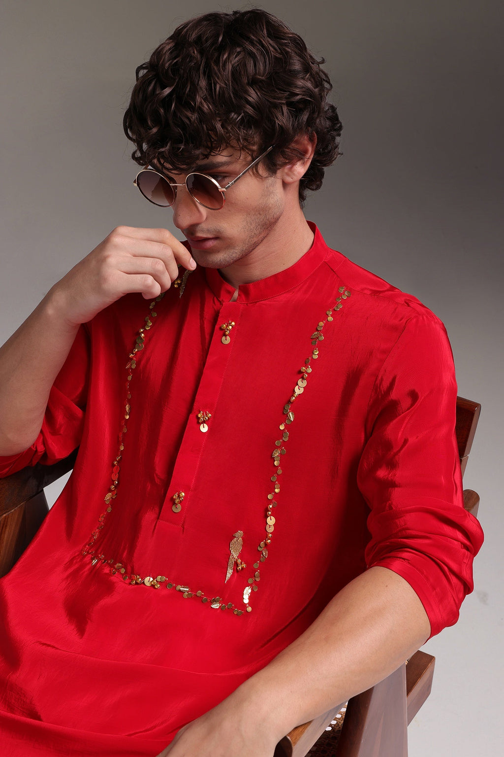 Preen(Parrot) - Hand Embroidered Designer Kurta - Red