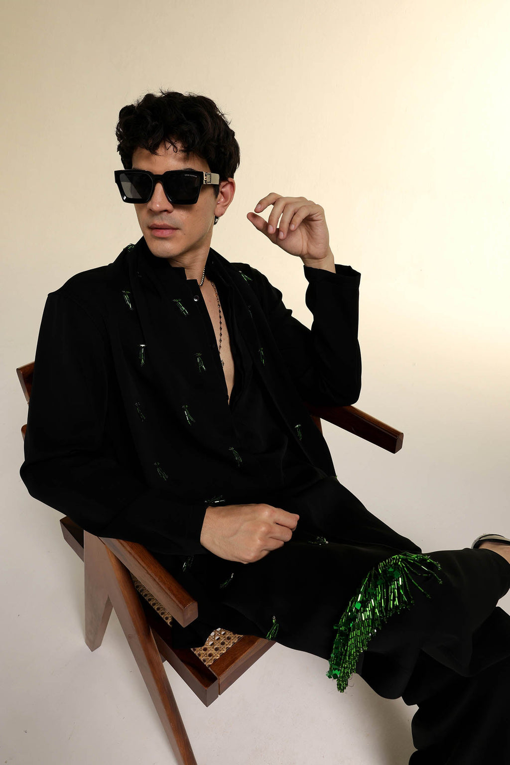 Emerald Fringe - Hand Embroidered Designer Shawl - Black