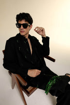 Emerald Fringe - Hand Embroidered Designer Shawl - Black