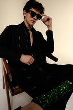 Emerald Fringe - Hand Embroidered Designer Shawl - Black
