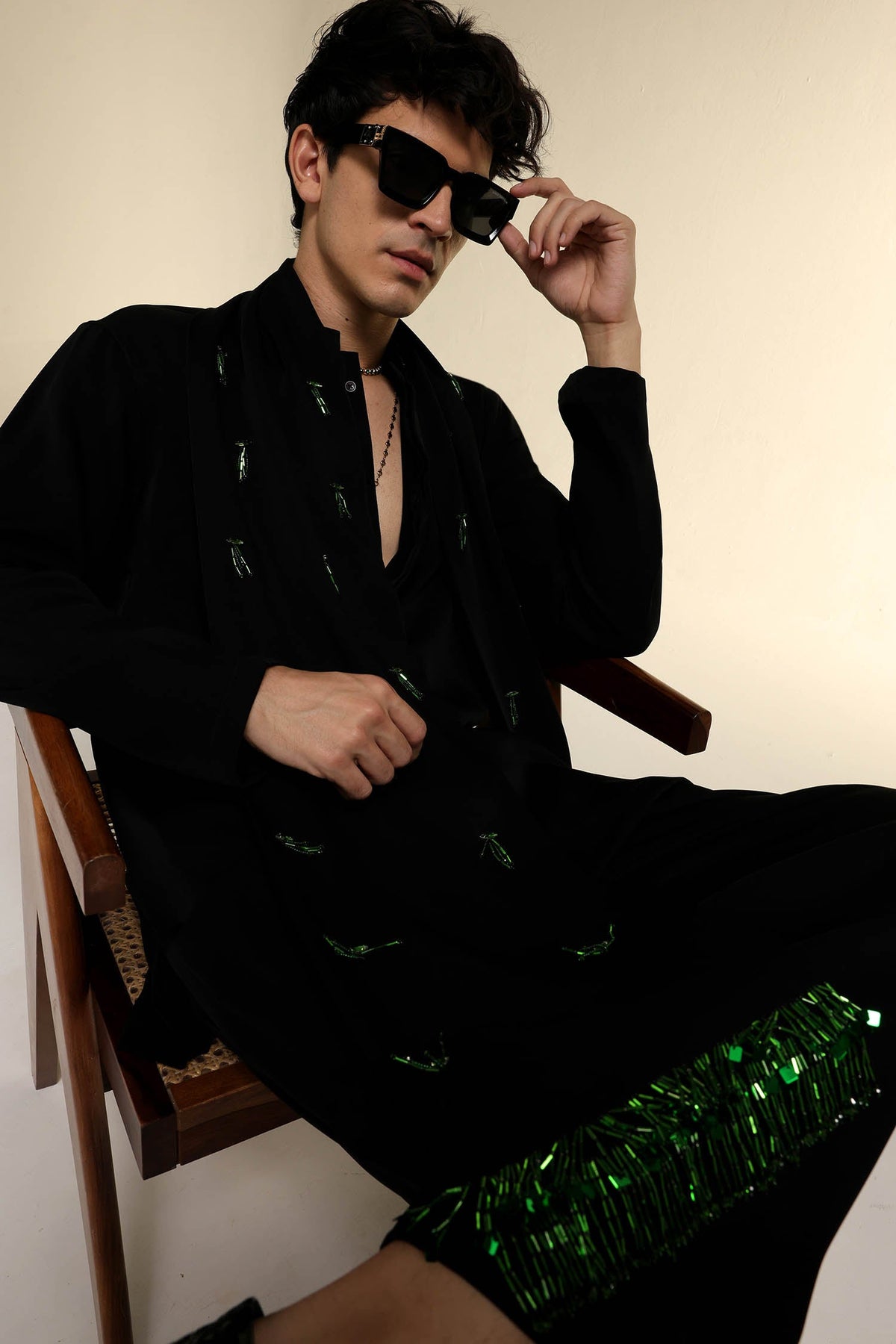 Emerald Fringe - Hand Embroidered Designer Shawl - Black