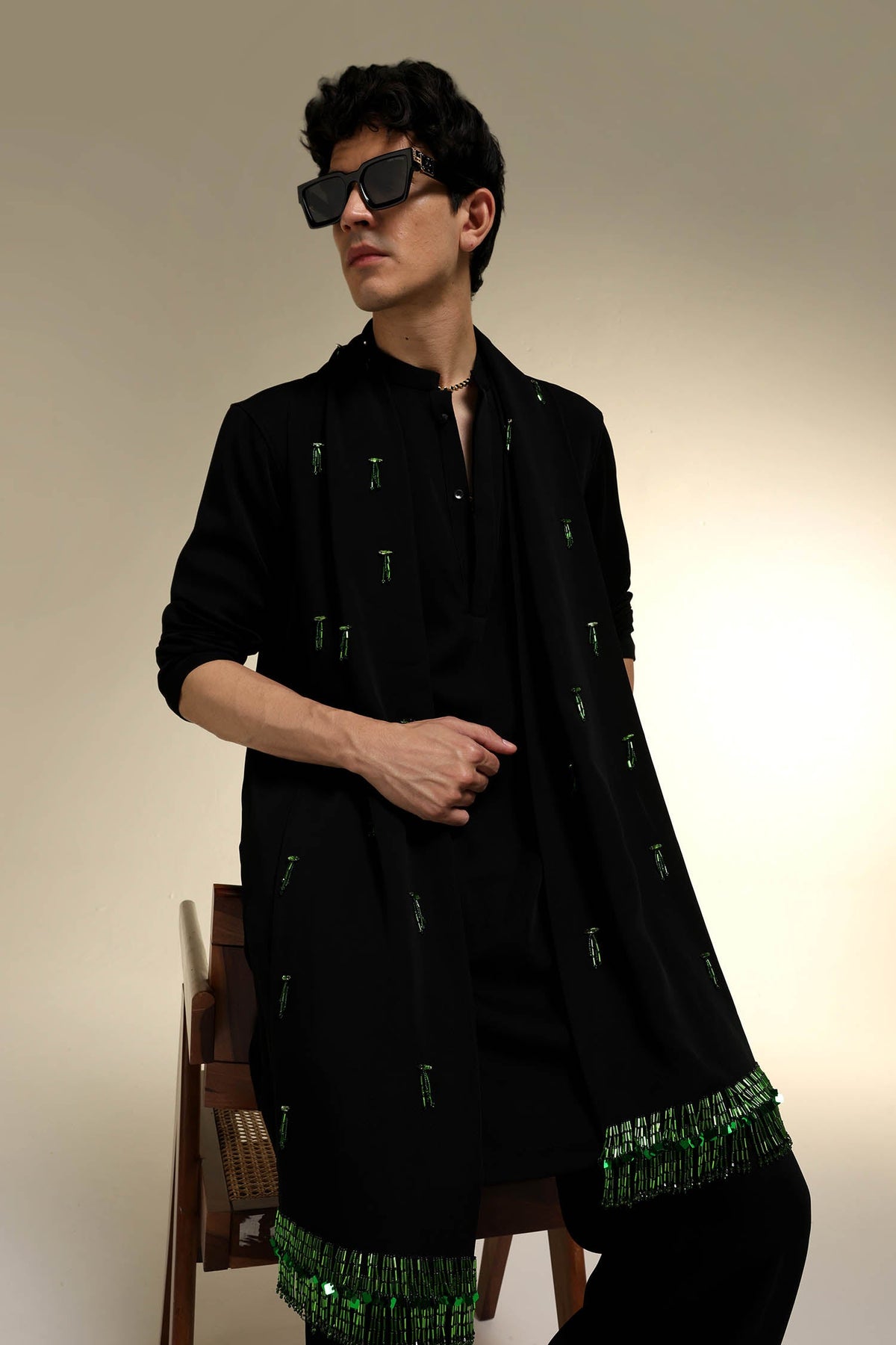 Emerald Fringe - Hand Embroidered Designer Shawl - Black
